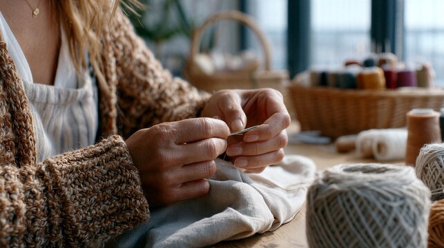 Close-up of hands sewing fabric with needle and thread