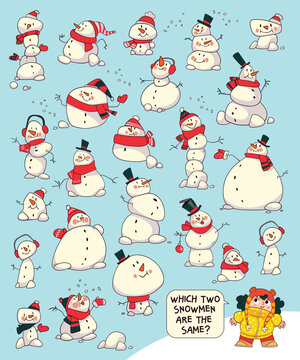Cute snowmen in winter clothes on a blue background. Find two identical snowmen puzzle for kids. Fun Christmas educational game with cartoon snowmen and festive mood. Cartoon vector illustration