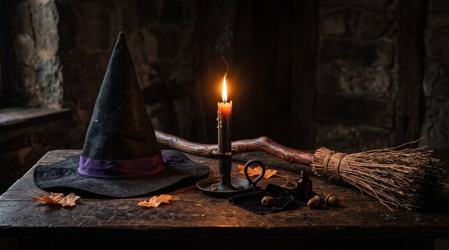 Witch hat and broomstick on wooden table, mystical halloween still life with candle, spooky sorcerer accessories in dark stone room