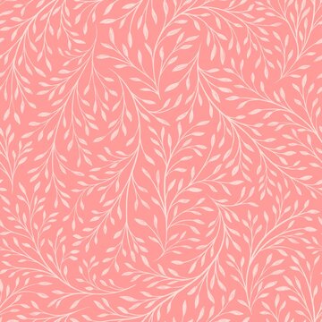 Seamless botanical leaf pattern with delicate white foliage branches on coral pink background