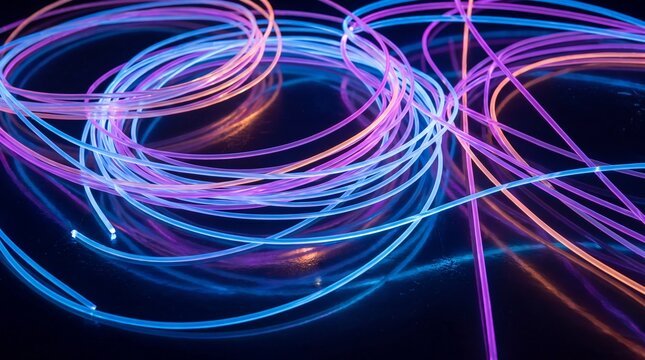 Glowing fiber optic cables in shades of blue and pink tangled on a dark reflective surface