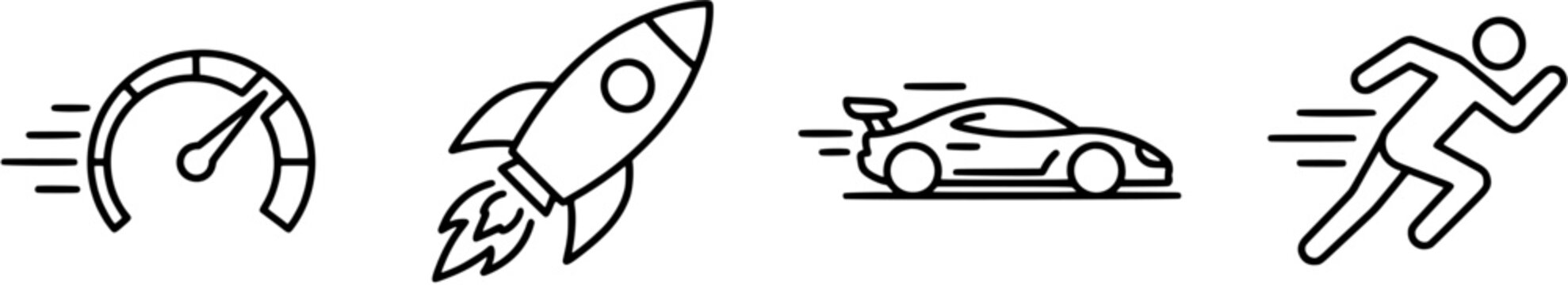 Speed and fast motion icon set in a simple line art style including speedometer, rocket, racing car and running person representing velocity and quick performance.