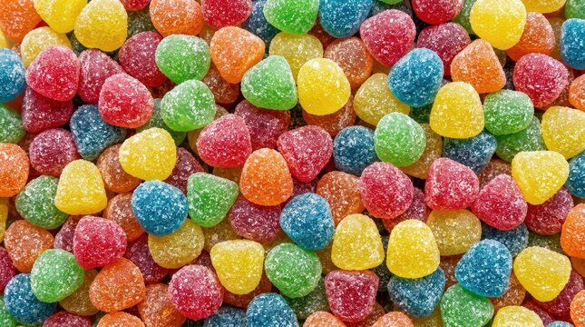 Top View of Colorful Sugar Coated Gumdrops Assorted Fruit Flavored Jelly Candies Background