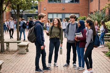 Obraz premium A group of teenagers stands in a school courtyard during lunchtime. They are engaged in conversation, smiling and laughing together. Other students can be seen in the background