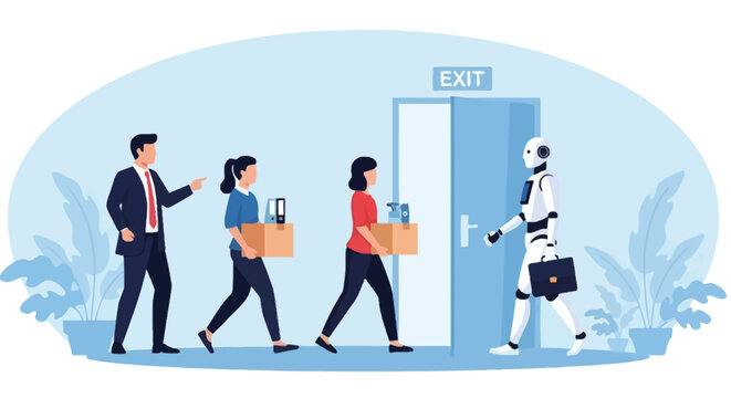 Modern robot entering office while human workers carrying boxes walk out representing technological replacement and automation impacts on global workforce.