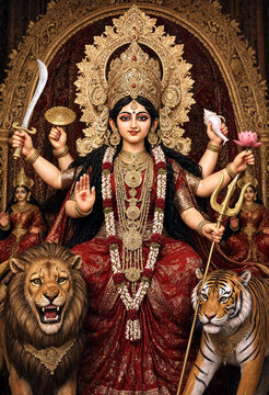 Hindu goddess Durga in traditional attire with lion and tiger standing on both sides holding weapons and lotus flower