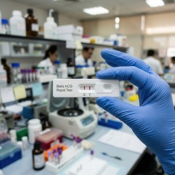 Positive Pregnancy Test Result Held Up In Laboratory Setting With Scientists In Background