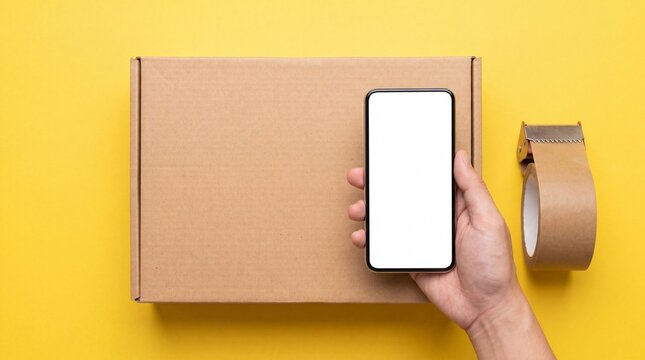 Hand holding a smartphone with a white blank screen over a cardboard box and packing tape roll