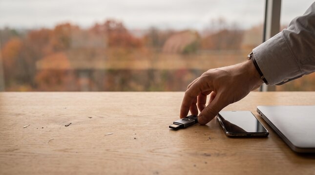 Close Up Person Hand Reaching for Hardware Security Key on Desk with Smartphone and Laptop