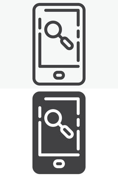 Mobile search icon set with smartphone screen and magnifier. Line outline and solid icon in different style, editable stroke vector sign and symbol for app search.