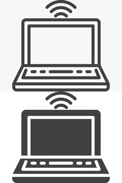 Laptop WiFi signal icon set with notebook and wireless waves. Line outline and solid icon in different style, editable stroke vector sign and symbol for internet.