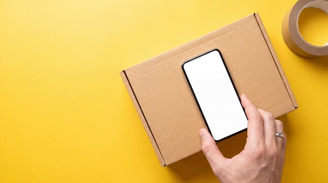 Hand touching a smartphone with a white blank screen on a brown cardboard box, yellow view
