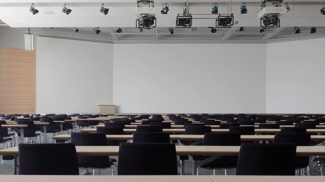 Empty Modern University Lecture Hall with Rows of Desks and Projector 4k video
