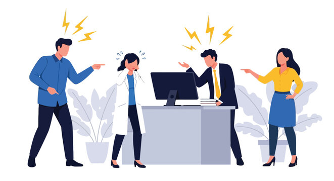 Stressed person working at office desk being yelled at by angry colleagues pointing fingers in hostile workplace environment harassment and bullying concept.