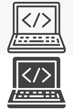 Computer programming icon set with laptop and code brackets. Line outline and solid icon in different style, editable stroke vector sign and symbol for development.