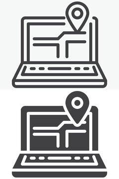 Laptop map pin icon set with computer screen, road and location marker. Line outline and solid icon in different style, editable stroke vector sign and symbol.