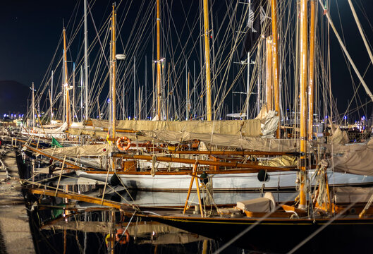 Classic Wooden Sailboats Moored at Imperia Harbor Night Liguria