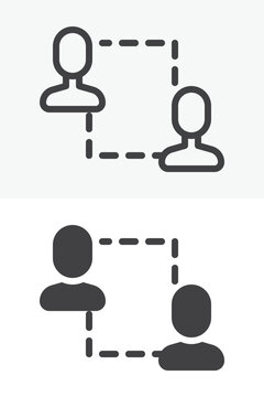 Social networking icon set with two user profiles linked by dashed frame. Line outline and solid icon in different style, editable stroke vector sign and symbol.