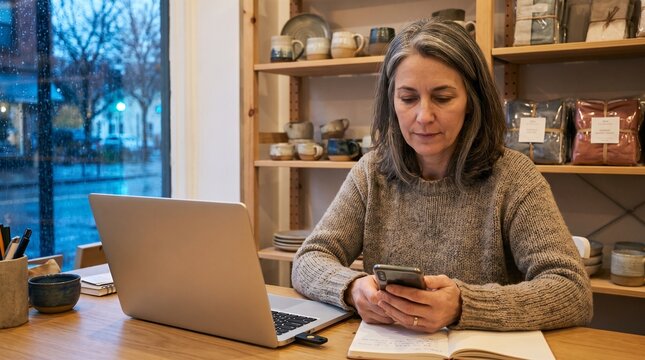 Female Small Business Owner Using Smartphone and Hardware Key for 2FA Authentication on Laptop