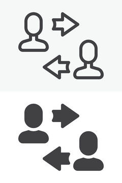 Social media communication icon set with users and exchange arrows. Line outline and solid icon in different style, editable stroke vector sign and symbol.