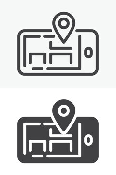 Mobile navigation app icon set with smartphone map and location pin. Line outline and solid icon in different style, editable stroke vector sign and symbol.