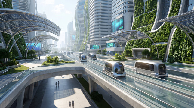 Futuristic city street with elevated train and towering skyscrapers bathed in sunlight