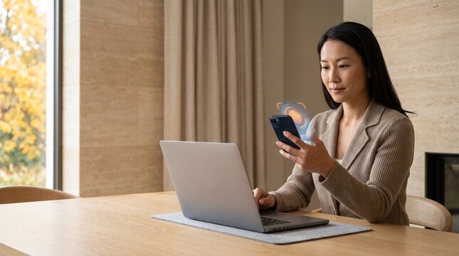 Businesswoman Using Biometric Fingerprint Authentication on Smartphone in Modern Office