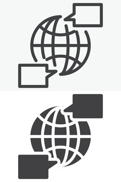 Global chat messages icon set with globe and speech bubbles. Line outline and solid icon in different style, editable stroke vector sign and symbol for worldwide communication.