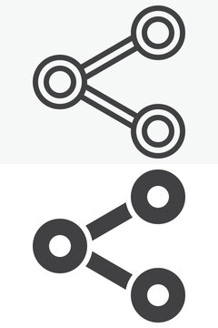 Network share icon set with three connected nodes. Line outline and solid icon in different style, editable stroke vector sign and symbol for data sharing and links.