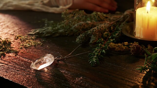 Mystical crystal pendant and dried herbs on a dark wooden table with candle
