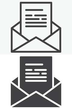 Receive email message icon set with open envelope and letter. Line outline and solid icon in different style, editable stroke vector sign and symbol for inbox mail.