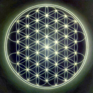 Intricate geometric sacred flower of life pattern glowing with soft light effects and circular symmetry design