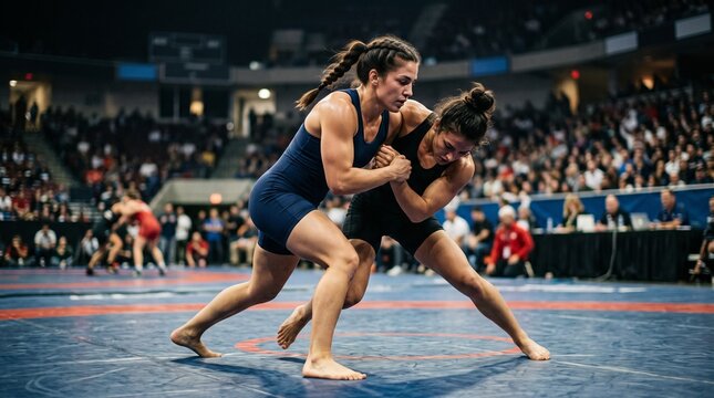 Two female wrestlers locked in a close match on a blue mat in a crowded arena with spectators watching intently