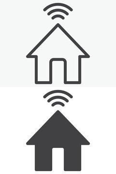 Home WiFi signal icon set with house and wireless waves. Line outline and solid icon in different style, editable stroke vector sign and symbol for smart home internet.