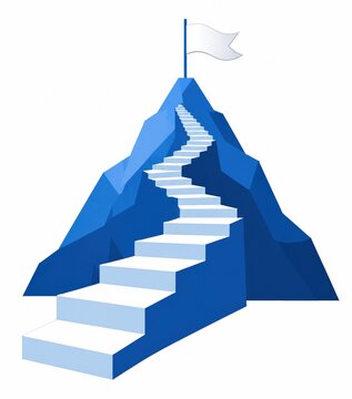 Blue mountain with stairs leading to a flag on the top