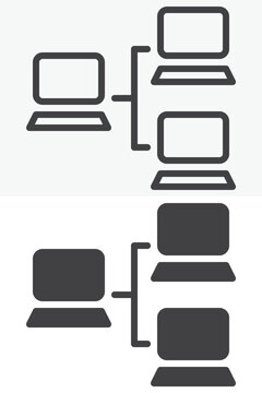 Local network icon set with linked computers in hierarchy. Line outline and solid icon in different style, editable stroke vector sign and symbol for system connection.