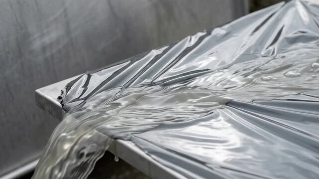 flowing water covering a dark grey torn sheet of polarizing film draped over a solid edge