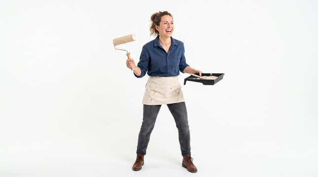 Woman with paint roller and tray laughing and looking away from camera on white background