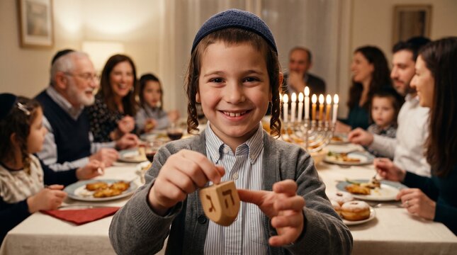 Joyful young boy celebrates Hanukkah with family dinner playing dreidel and menorah candles lit