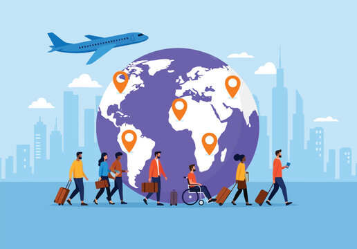 Global travel illustration featuring diverse people with luggage and suitcases moving around large world globe map with city skyline background and blue sky.