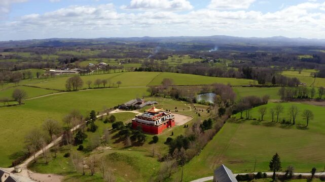 Aerial view of Dhagpo Kundreul Ling Buddhist temple in Auvergne, France
