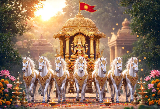 Majestic golden chariot pulled by white horses with divine goddess statue in a spiritual garden setting