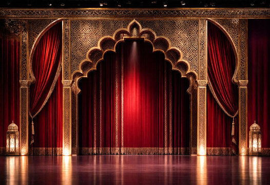 Opulent theater stage with ornate golden arch and red velvet curtains illuminated by warm lighting