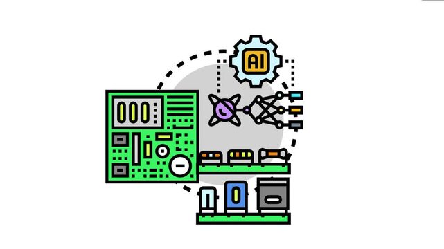 Artificial intelligence processing various electronic parts and neural network structures, representing the advanced integration of hardware and software elements in technological development