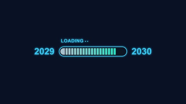 Clean neon loading composition on a solid background that exactly matches the loading bar interior color (dark navy): center cyan neon outlined pill loading bar whose inner vertical segment boxes are