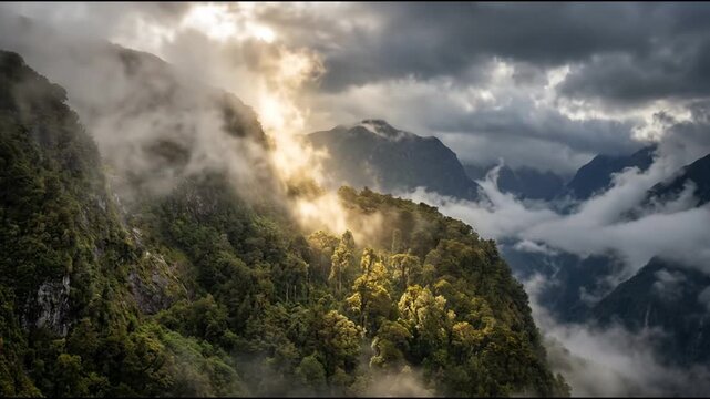 Dramatic golden sunbeams breaking through dark storm clouds over a misty mountain forest landscape during sunset