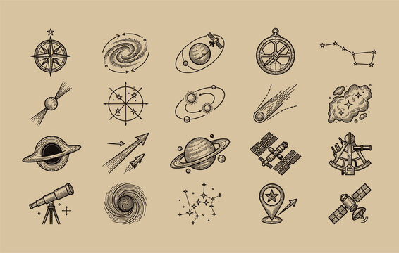 Navigating cosmic night skies with vintage woodcut drawings of antique astrolabe marine sextant big dipper constellation and tripod astronomical telescope
