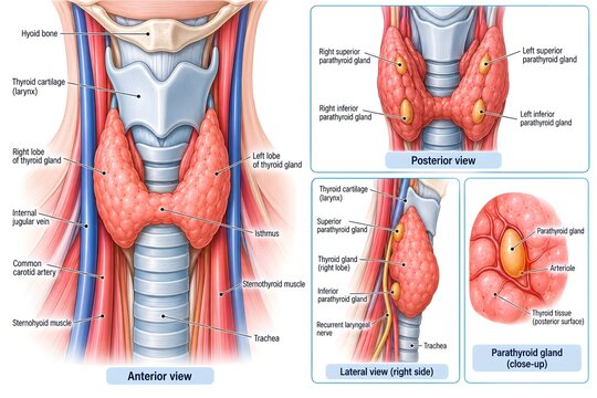 Flat illustration of the thyroid gland in the neck with labeled trachea and parathyroid glands, clean white background, textbook endocrinology style.