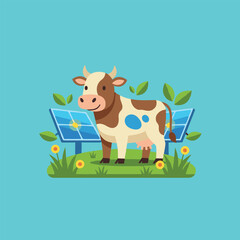 Naklejka premium Cheerful cartoon cow standing peacefully in a lush green field with flowers and solar panels, symbolizing sustainable agriculture.