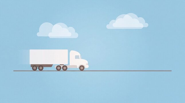 Minimalist of a white delivery truck moving on a road under blue sky clouds transport